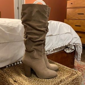 Tan suede slouch western style heeled boot